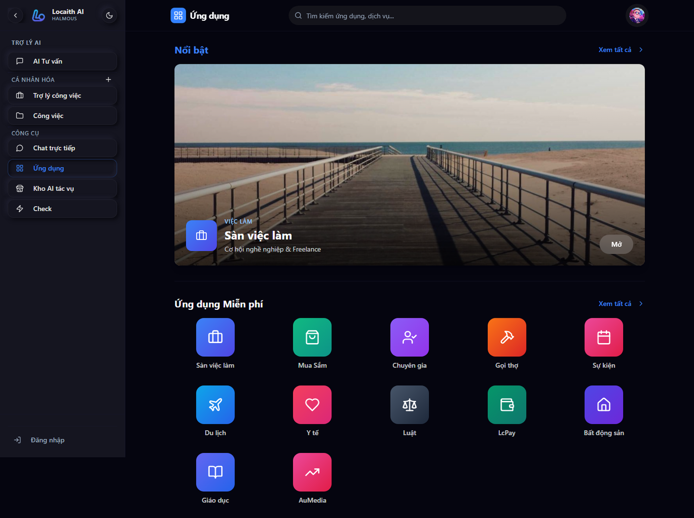 Ảnh chụp màn hình trang “Ứng dụng” của Locaith One tại apps.locaith.ai: cột trái liệt kê AI Tư vấn, Trợ lý công việc, Công việc, Chat trực tiếp, Ứng dụng, Kho AI tác vụ và Check; khu vực chính có banner “Sàn việc làm – Cơ hội nghề nghiệp & Freelance” và lưới “Ứng dụng Miễn phí” gồm Sàn việc làm, Mua Sắm, Chuyên gia, Gọi thợ, Sự kiện, Du lịch, Y tế, Luật, LcPay, Bất động sản, Giáo dục, AuMedia.